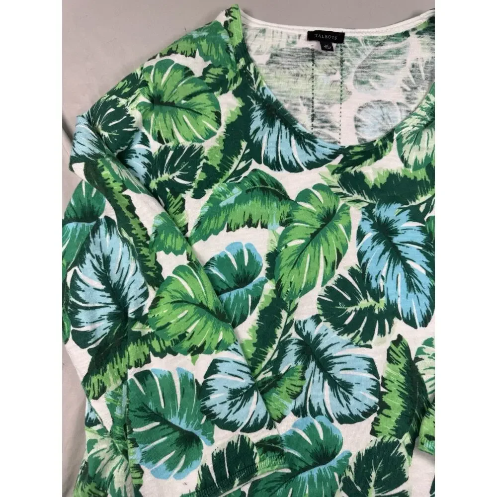 Talbots Women’s XL Tropical Leaf Print Lightweight Sweater Green Blue